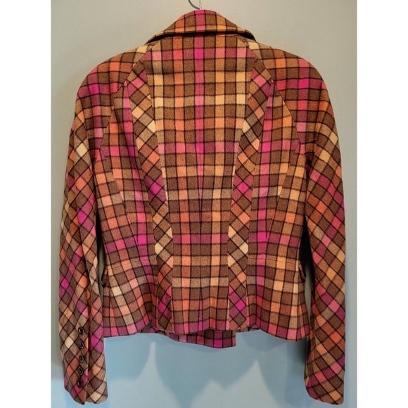 Per Se Wool Cashmere Blend Pink Brown Check Crop Double Breasted Jacket Size 6 - Picture 6 of 7